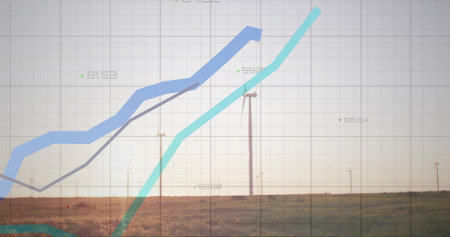 Displaying translucent grid with three line graphs over field with poles at sunset, numeric labels. Analytics, data visualization, minimalism, financial, outdoor, calm, modernの写真素材