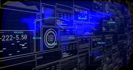 Displaying digital dashboard showcasing dynamic graphs on virtual interface with neon trend lines....