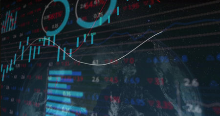 Displaying Earth globe overlaying trading dashboard with candlestick bars line chart and gauges....