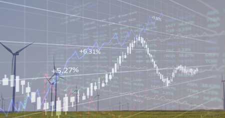 Overlaying candlestick bars and blue graph on cloudy wind farm showing percentage change labels. Renewable, energy, sustainability, finance, analytics, technology, environmentの写真素材