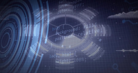 Displaying interface on blue grid, with circular HUD, concentric circles, code snippets, charts. Futuristic, technology, data, visualization, interface, digital, analyticsの写真素材