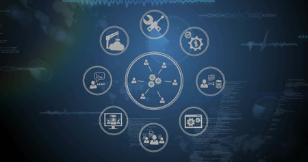 Displaying central network management icon on blue interface, with peripheral tool and gear symbols. Technology, innovation, connectivity, cybersecurity, infrastructure, automation, dataの写真素材