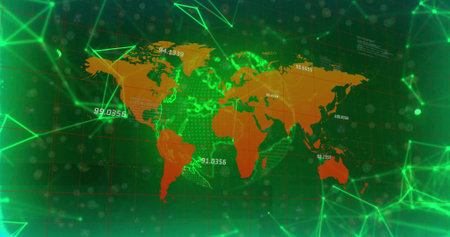 Displaying orange world map overlay on virtual grid with green network lines and numerical labels. Futuristic, digital, visualization, connectivity, cyber, network, technologyの写真素材