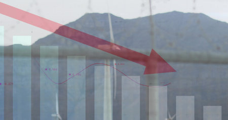 Faded bar chart, red arrow showing decline at waterfront, tracing purple points. Data visualization, analytics, business intelligence, financial analysis, modern design, outdoor setting, minimalismの写真素材