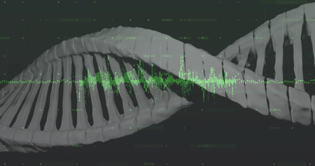 Rendering 3D double helix twisting around axis in grid with green wave overlay, numeric datapoints....
