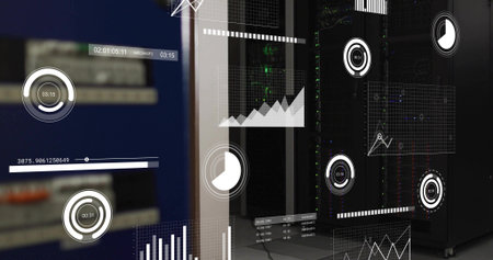 Displaying central server rack cabinet glowing status LEDs in data center room, with HUD analytics....