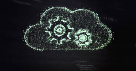 Floating glowing particle cloud icon hovering in virtual display, with gear symbols and binary code. Technology, innovation, digital, futuristic, data, network, abstractの写真素材