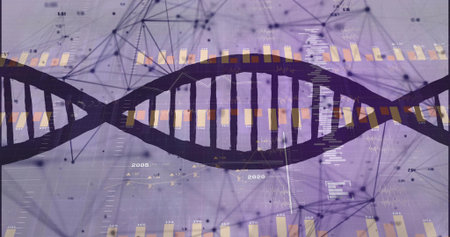 Rendering stylized DNA double helix over purple grid, showing charts, data points, network nodes....