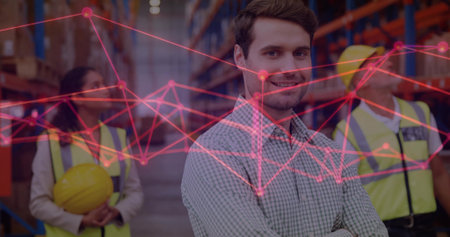 Supervising manager guiding team in warehouse aisle, with vests, shelves, boxes, network overlay. Industrial, logistics, teamwork, organization, connectivity, efficiency, infrastructureの写真素材