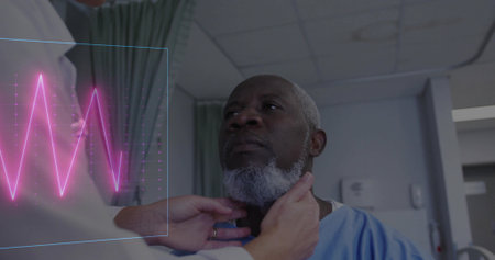 Examining doctor palpating patient's neck in exam room, with lab coat and pink waveform display. Medical, healthcare, diagnostics, professionalism, clinical, technology, wellnessの写真素材
