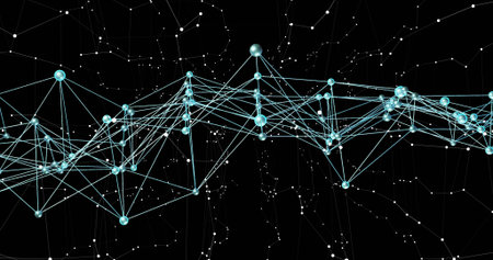 Displaying network graph floating in dark void, with glowing spheres, light lines and white dots....
