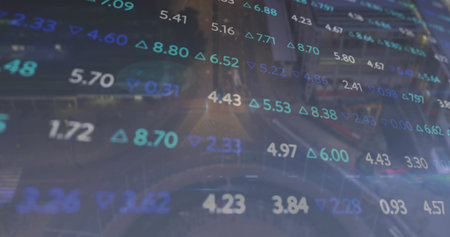 Displaying financial ticker overlay drifting across city sidewalk, with stock numbers and triangles....