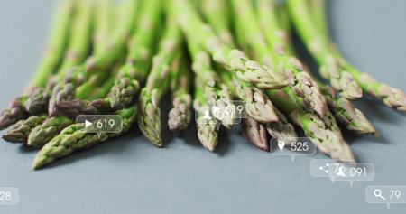 Showcasing green asparagus spears resting on studio countertop. Vegetables, healthy, culinary, minimalistic, freshness, organic, digitalの写真素材