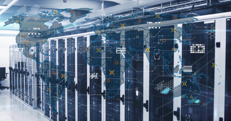 Showing cabinets with network racks and patch cabling overhead in data center digital map overlay....