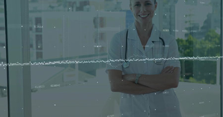 Standing doctor wearing coat with stethoscope by office window with data overlay, copy space. Doctor, healthcare, medical, technology, digital, urban, professionalの写真素材