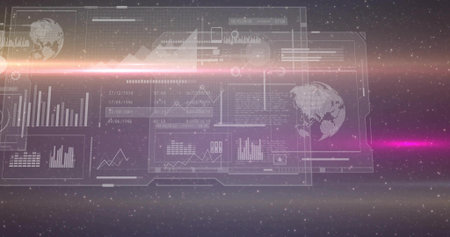 Displaying HUD interface projecting bar and line charts with globe icons and light streaks in space. Futuristic, sci-fi, technology, data visualization, immersive, digital, space explorationの写真素材