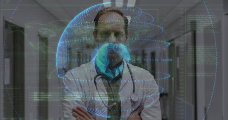 Displaying holographic globe, doctor in lab coat and stethoscope standing in hospital corridor. Medical, technology, futuristic, healthcare, innovation, clinical, digitalの写真素材