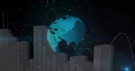 Displaying 3D globe rotating in visualization space, with bar charts, curved lines and lock icons....