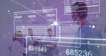 Reviewing patient data medical team working at hospital control room monitor, with digital overlays. Healthcare, collaboration, technology, diagnostics, hospital, innovation, professionalismの写真素材