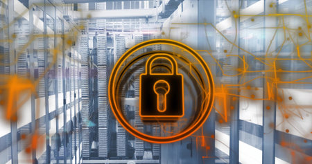 Displaying orange padlock icon with network node lines hovering in data center, with server racks....