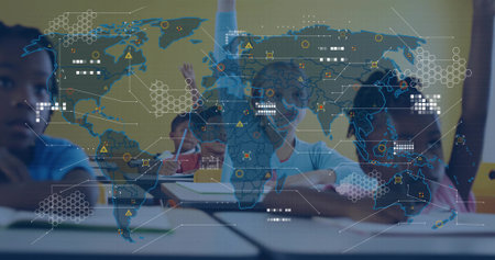 Six students engaging with digital world map overlays while writing notes at white desks at school....