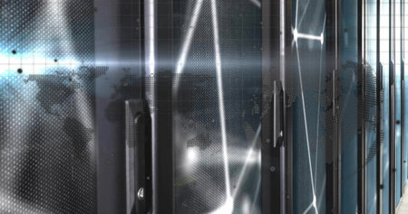 Server racks stretching through lit data center corridor, with world map pattern, network lines....