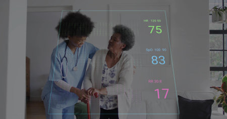 Nurse in scrubs guiding patient walking in living room, with stethoscope red cane health overlay. Caregiver, senior, wellness, support, companionship, digital health, home careの写真素材
