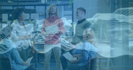 Collaborating five colleagues exchanging ideas in open office, with laptop notebook and waveform. Teamwork, brainstorming, communication, innovation, digital, professional, modernの写真素材