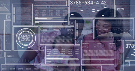 Family of three reviewing data in office, with transparent digital interface and handheld device....