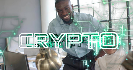 Colleagues leaning over desk viewing neon crypto overlay in office with laptop and documents. Tech professionals, collaboration, futuristic, modern workspace, financial technology, digital innovationの写真素材