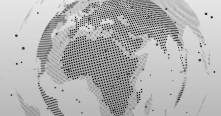 Displaying dot-matrix globe rotating in virtual digital space, with scattered data-point clusters. Technology, innovation, futuristic, data visualization, 3d, abstract, networkの写真素材