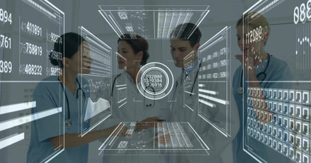 Reviewing holographic panels medical team collaborating in corridor, with scrubs coats stethoscopes....