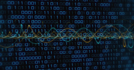 Visualizing data with glowing binary digits and neon waveform lines on analytics grid display....