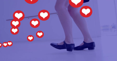Legs in skirt and Mary Jane shoes walking in purple lobby with floating social-media reaction icons....