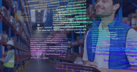 Checking male warehouse worker wearing vest holding clipboard and pen in aisle, with code overlay. Industrial, logistics, warehouse, inventory, technology, organization, productivityの写真素材