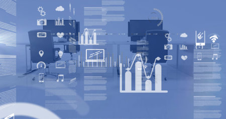 Overlaying analytics charts and icons onto desks and chairs in open-plan office, data visualization. Technological, modern, futuristic, digital, abstract, data-driven, professionalの写真素材