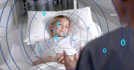 Lying patient gazing upward on hospital bed in hospital ward, with intravenous line, binary overlay. Pediatric, healthcare, technology, medical, recovery, digital, caringの写真素材