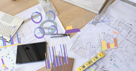 Showcasing tablet computer presenting charts and blueprints on architect desk, with compass, rulers....