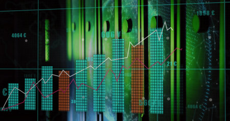Presenting data visualization overlaying grid over green-lit racks, showing bars and line graphs....