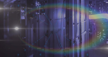 Displaying rack glowing in data center aisle, with cables LEDs digital numerals lens flare rings....