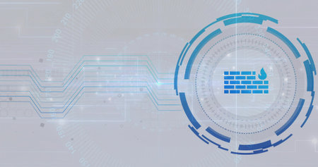 Highlighting firewall icon glowing in blue circular HUD at security UI, numeric scales, copy space....