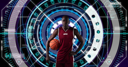 Male athlete in red jersey and shorts standing in virtual holographic interface, holding basketball. Futuristic, technology, innovation, athletic, digital, interface, virtualの写真素材