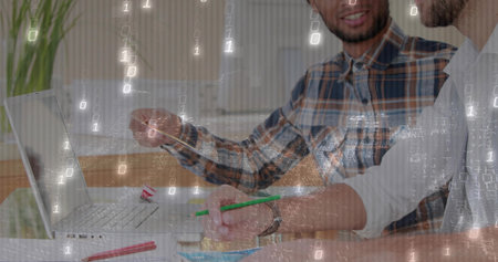 After markers drifting around table while icons pulsing fading revealing hot dog on napkinsの写真素材