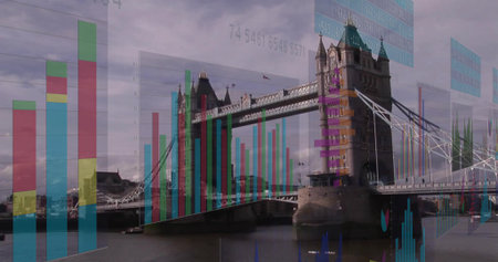 Displaying Tower Bridge at River Thames riverside, with translucent bar and line graphs. Architecture, urban, digital, data, visualization, skyline, infrastructureの写真素材