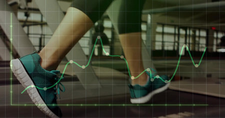Running legs in black leggings and teal sneakers on treadmill belt at gym, with graph overlay. Exercise, cardiovascular, fitness, technology, performance, motivation, wellnessの写真素材
