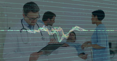 Examining physician wearing coat stethoscope with clipboard in patient room with overlay copy space. Healthcare, medical staff, patient care, hospital environment, diagnostics, clinical, treatmentの写真素材