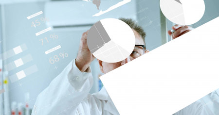 Pointing scientist wearing lab coat, eyeglasses analyzing digital pie charts on glass panel in lab. Futuristic, innovation, technology, research, data visualization, professional, analyticalの写真素材