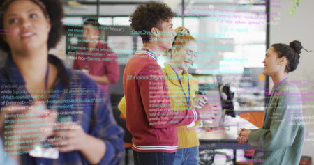 Pointing at glass partition, coworkers collaborating on code in tech office with laptops smartphone. Collaboration, teamwork, innovation, modern, vibrant, communication, workspaceの写真素材