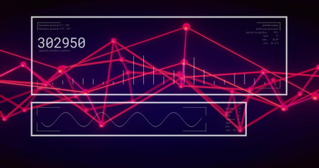 Pulsing pink network graph in white UI frames showing 302950 readout, sine wave in scifi UI. Data, technology, digital, visualization, interface, futuristic, analyticsの写真素材