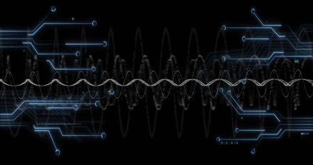 Presenting central white sinusoidal waveform across interface, with glowing blue circuit nodes....